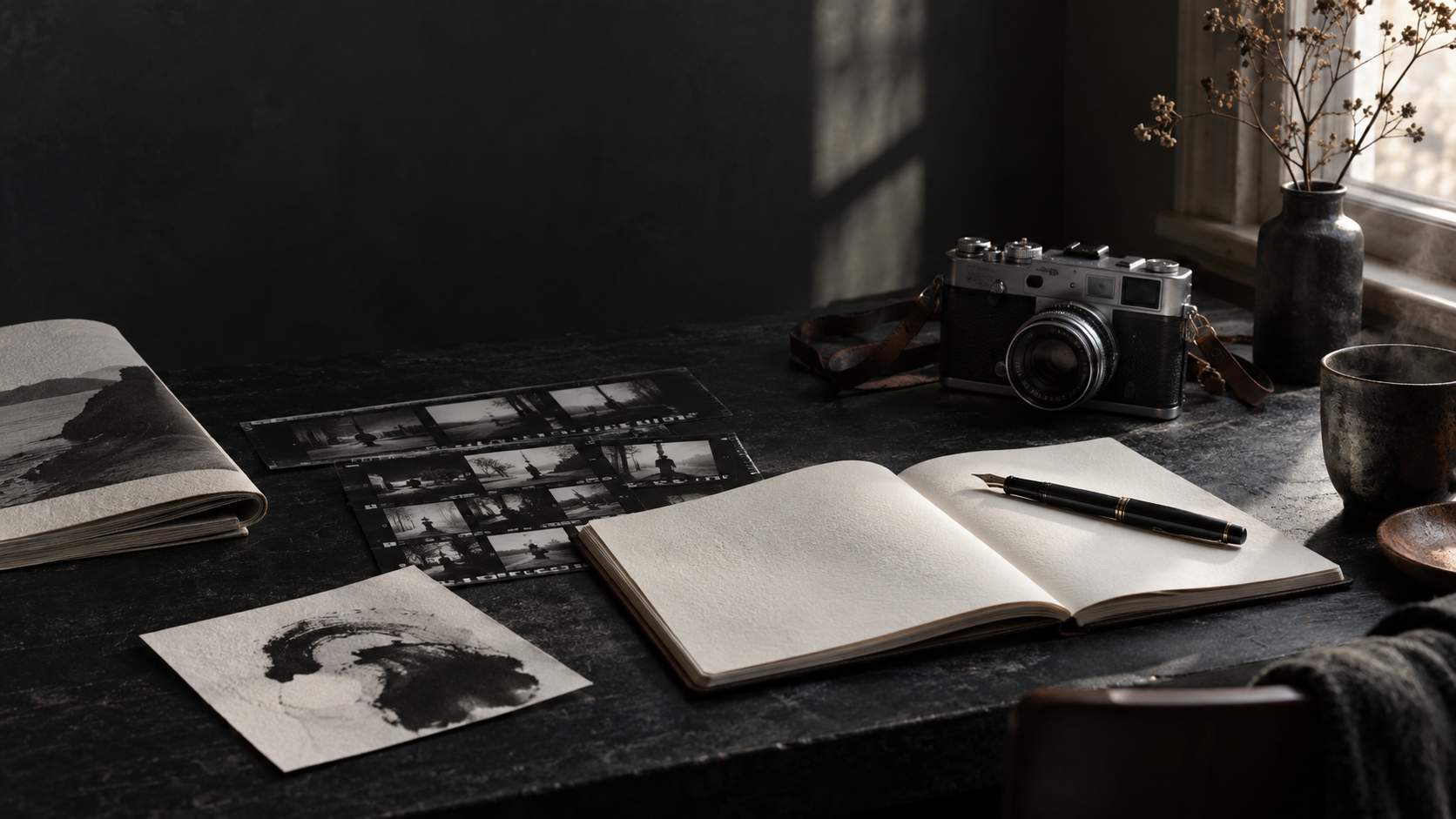 A writer and photographer's studio with camera, notebook and contact sheets