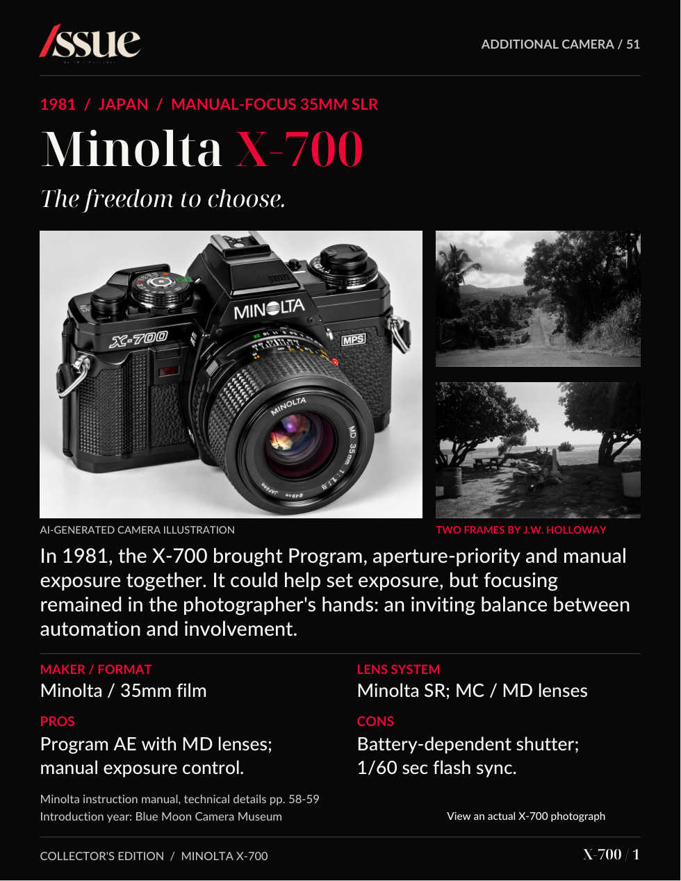 Minolta X-700 feature page with two black-and-white photographs by JW Holloway